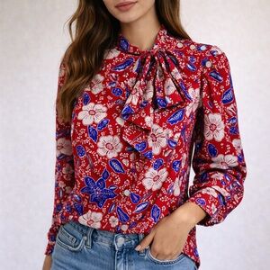 Stella Jean Italy Red Floral Tie Neck Blouse IT 40 Small Romantic